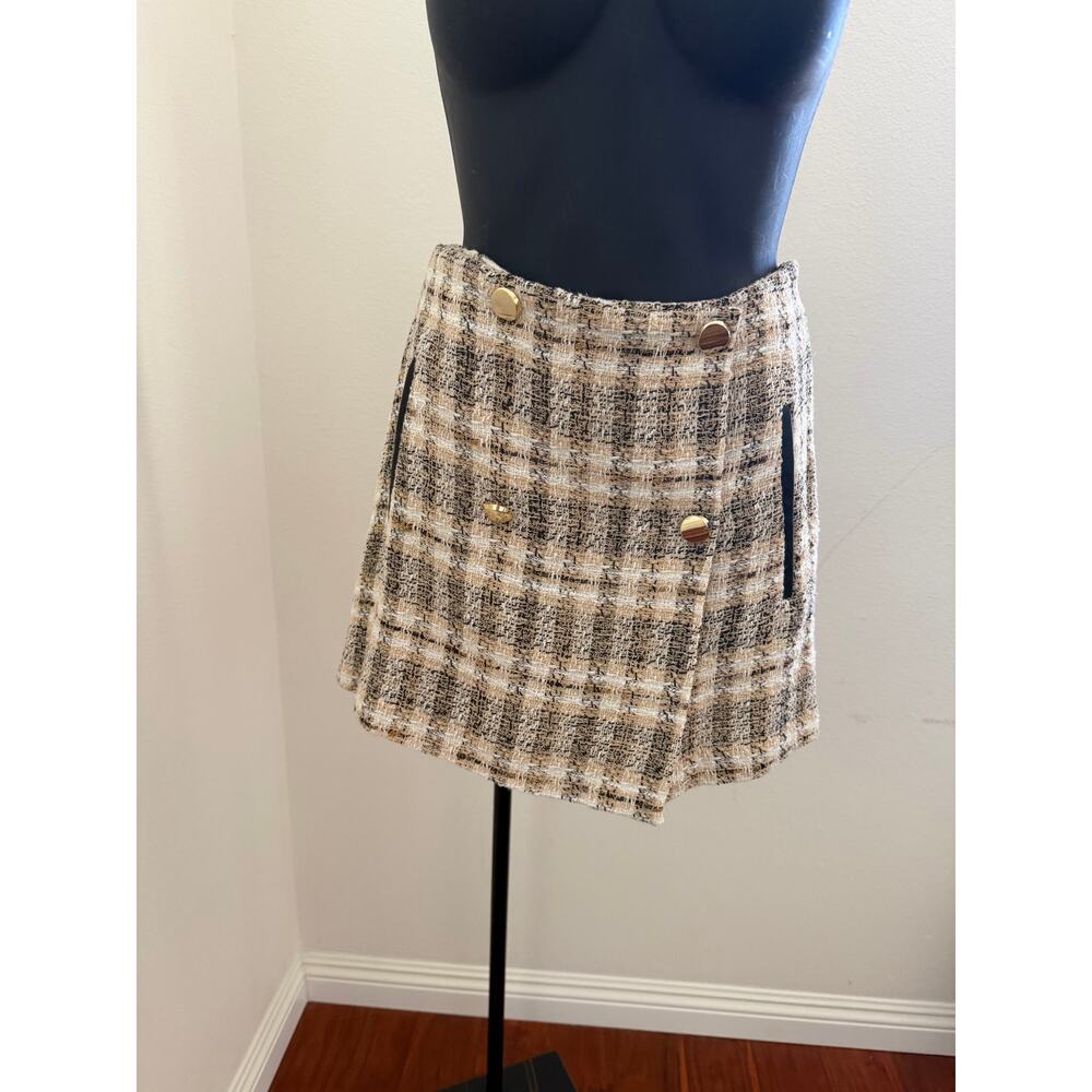 Zara Tweed Plaid Blazer + Skort Set NWOT Size S Beige Black Pockets - Picture 10 of 10